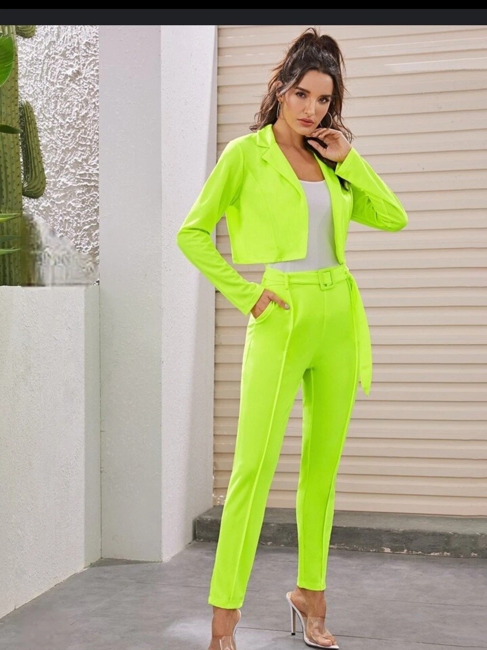 Oh Polly Neon Yellow Two Piece Suit Set Crop Blazer High Waist Pants US 2